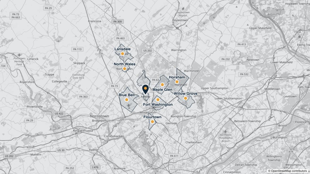 Map of the Dry Basements By Dean service area: Ambler, Fort Washington, Horsham, Blue Bell, North Wales, Spring House, Maple Glen, Lansdale, Flourtown, Willow Grove